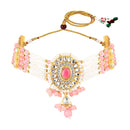 Mahi Pink White Kundan and Glass Beads Traditional Choker Necklace Set Earrings and Maang Tikka Jewellery Set for Women (NL1108141GLPin)