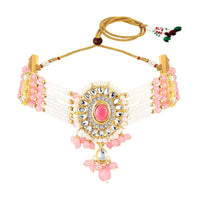 Mahi Pink White Kundan and Glass Beads Traditional Choker Necklace Set Earrings and Maang Tikka Jewellery Set for Women (NL1108141GLPin)