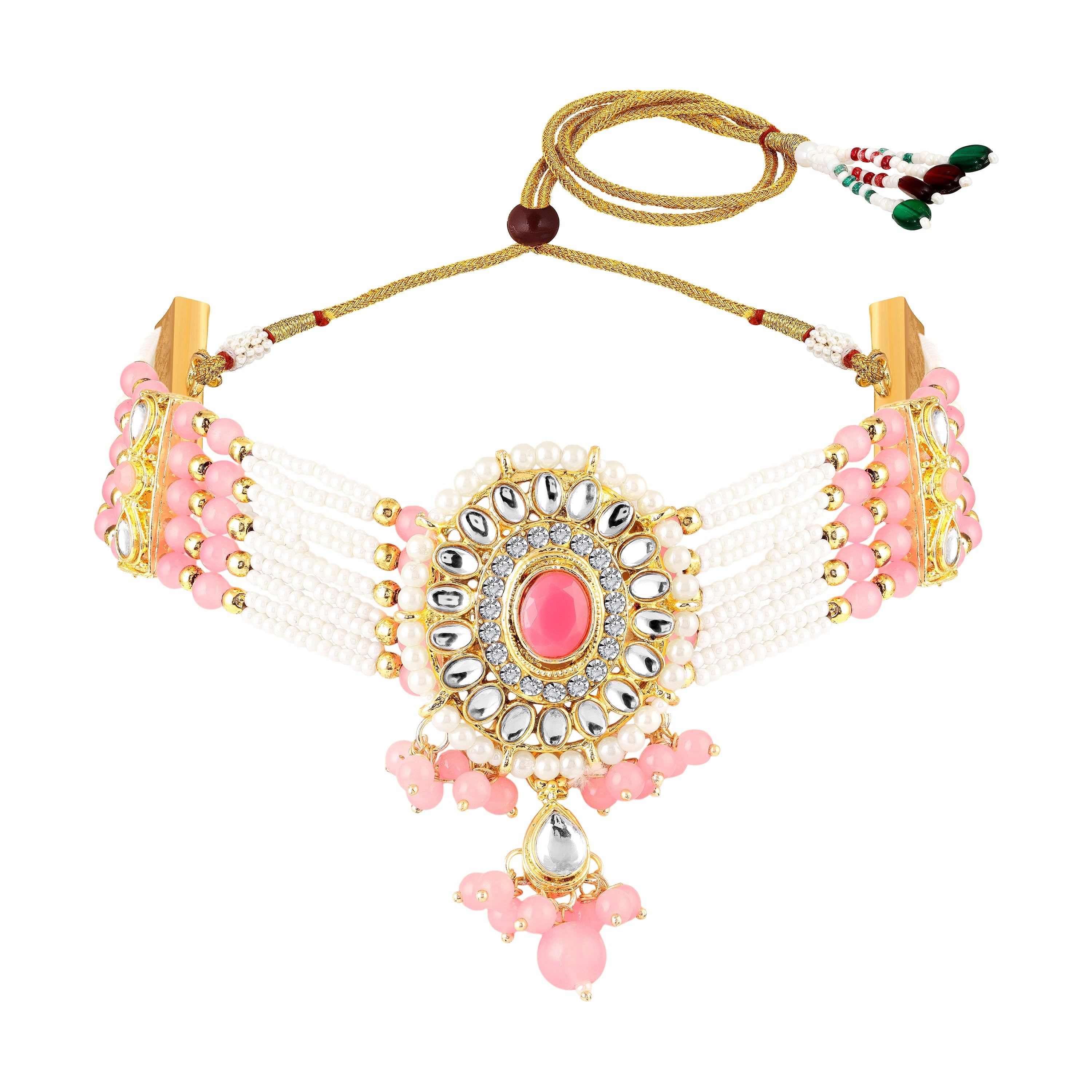 Mahi Pink White Kundan and Glass Beads Traditional Choker Necklace Set Earrings and Maang Tikka Jewellery Set for Women (NL1108141GLPin)