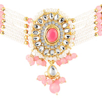 Mahi Pink White Kundan and Glass Beads Traditional Choker Necklace Set Earrings and Maang Tikka Jewellery Set for Women (NL1108141GLPin)