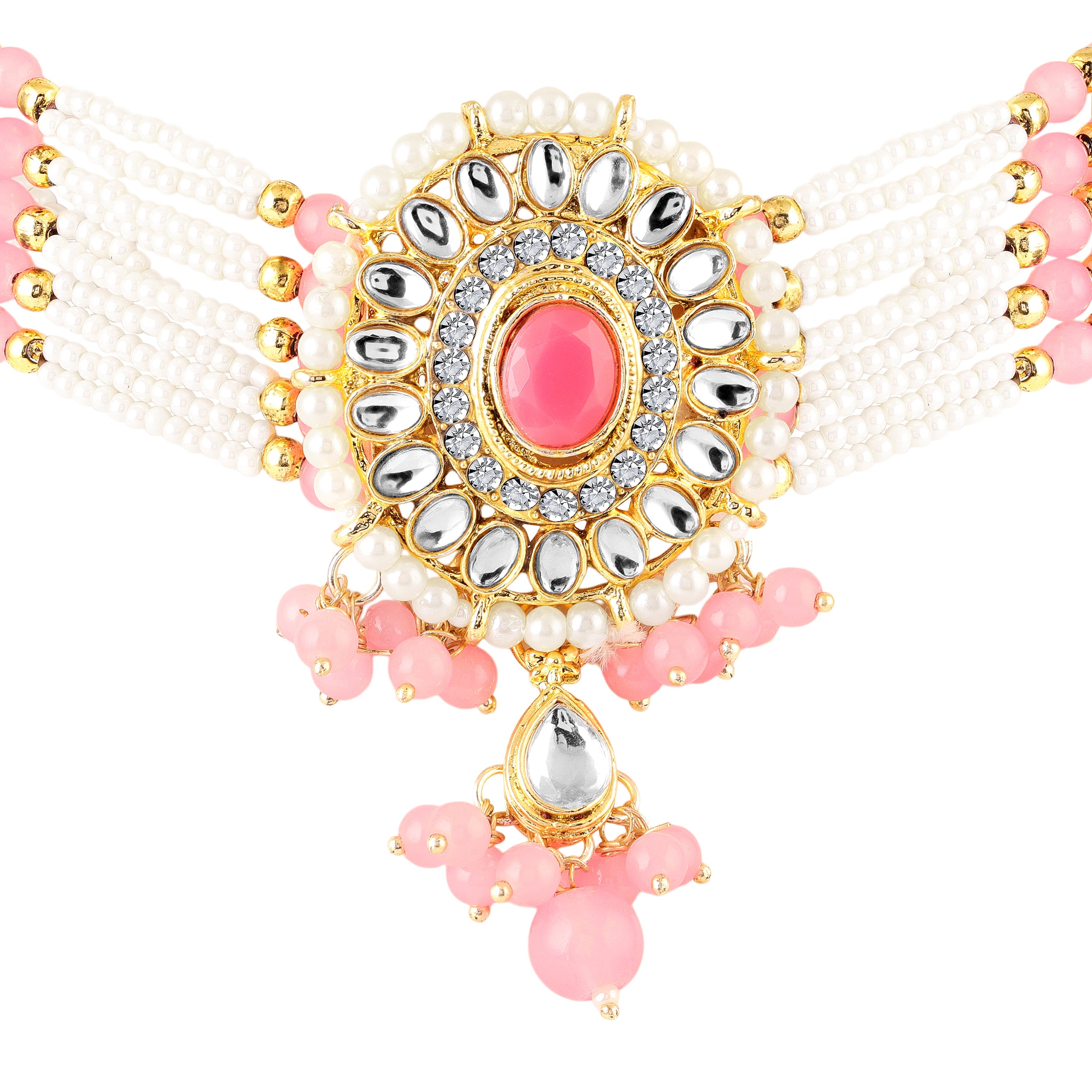 Mahi Pink White Kundan and Glass Beads Traditional Choker Necklace Set Earrings and Maang Tikka Jewellery Set for Women (NL1108141GLPin)