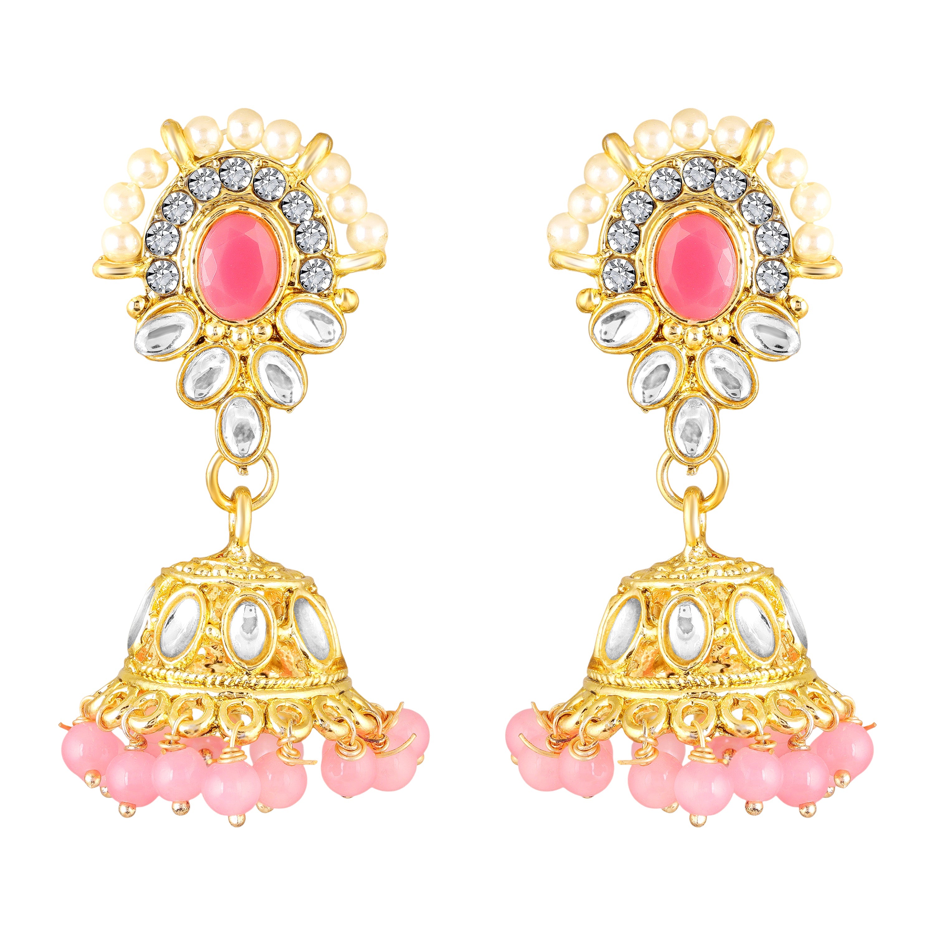 Mahi Pink White Kundan and Glass Beads Traditional Choker Necklace Set Earrings and Maang Tikka Jewellery Set for Women (NL1108141GLPin)