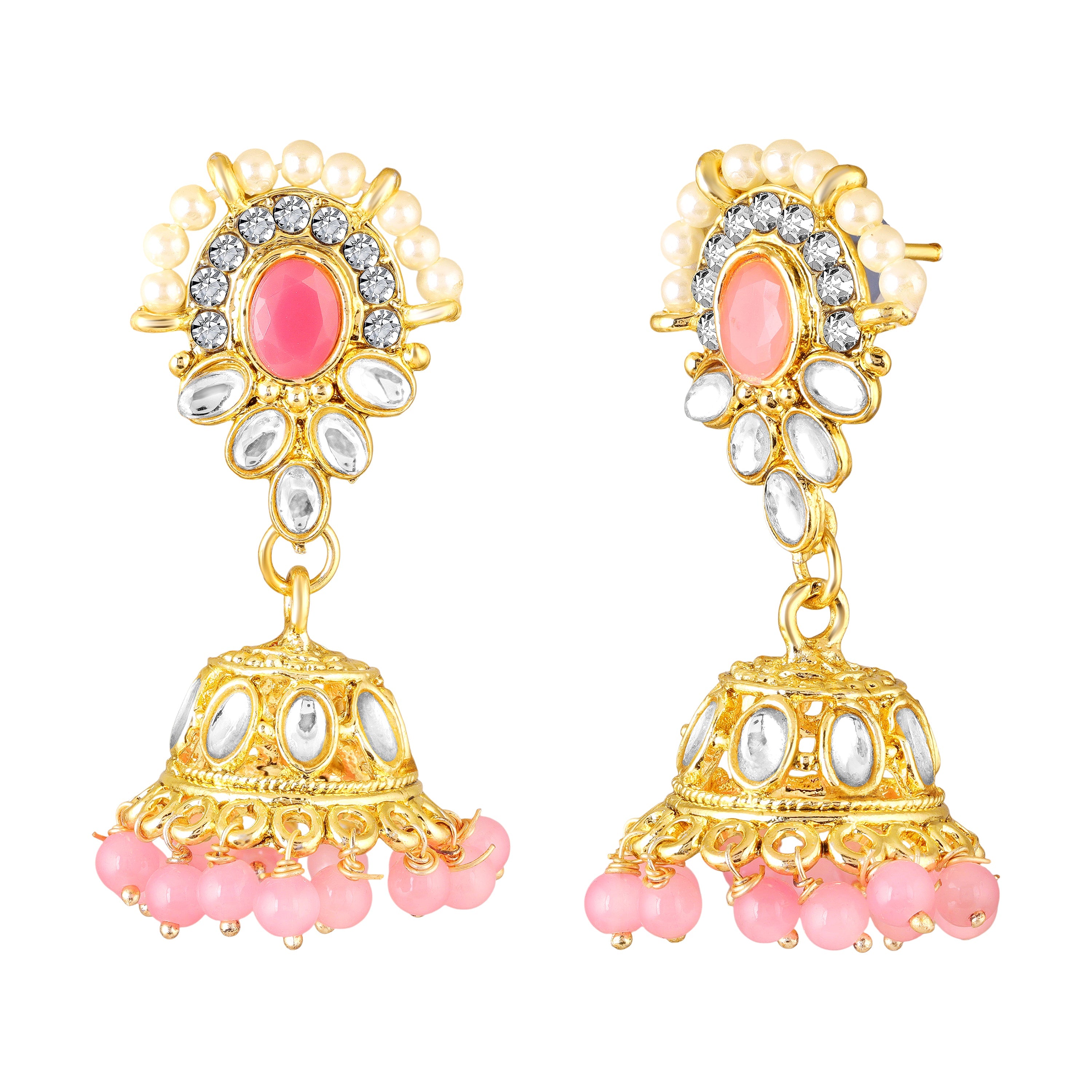 Mahi Pink White Kundan and Glass Beads Traditional Choker Necklace Set Earrings and Maang Tikka Jewellery Set for Women (NL1108141GLPin)