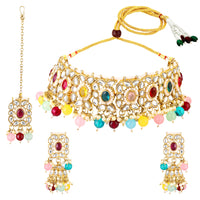 Mahi Traditional Kundan Choker Necklace Set for Women | Bridal Jewellery with Multicolor Beads | Wedding Choker Necklace with Earrings & Maang Tikka Jewellery Set (NL1108142GMul)