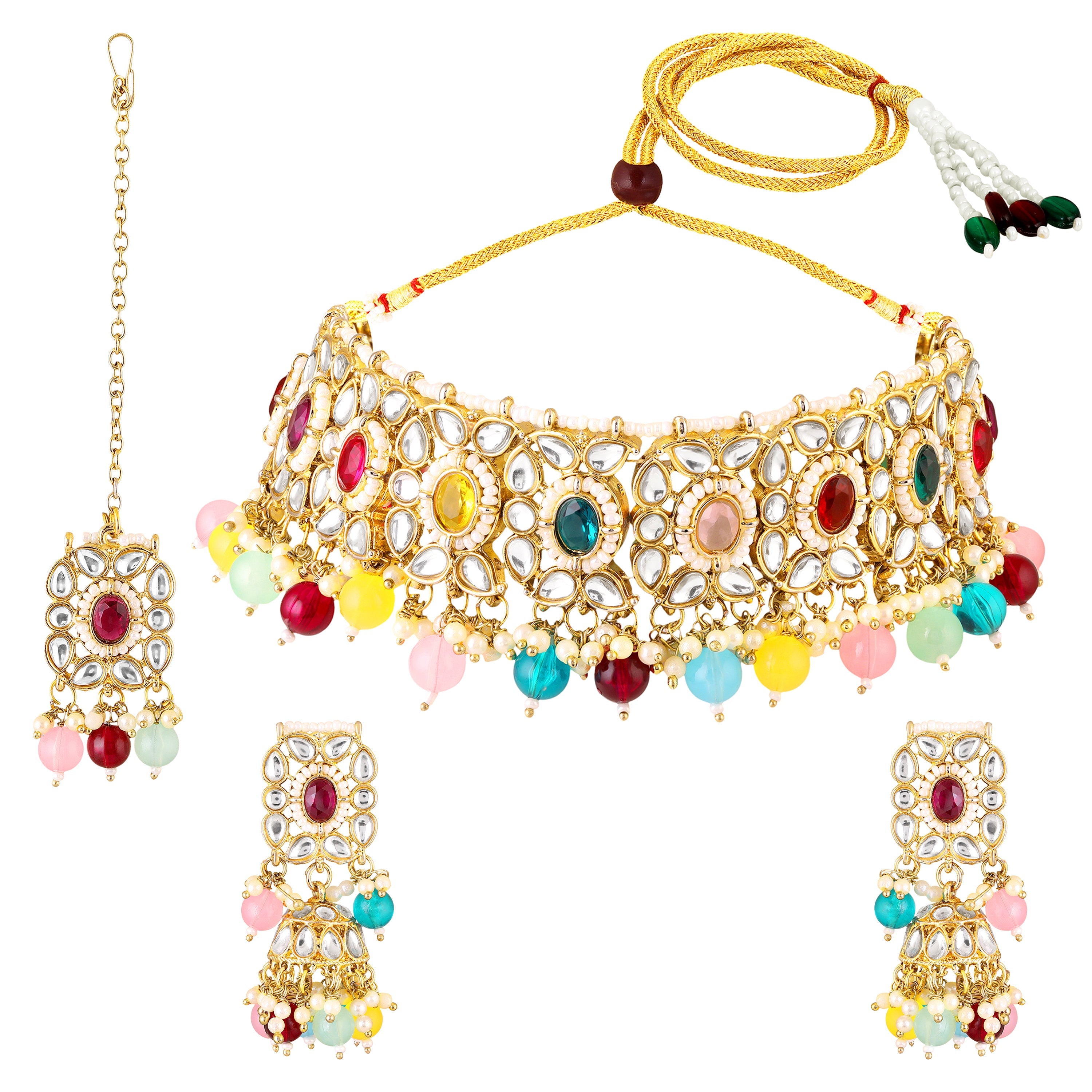 Mahi Traditional Kundan Choker Necklace Set for Women | Bridal Jewellery with Multicolor Beads | Wedding Choker Necklace with Earrings & Maang Tikka Jewellery Set (NL1108142GMul)