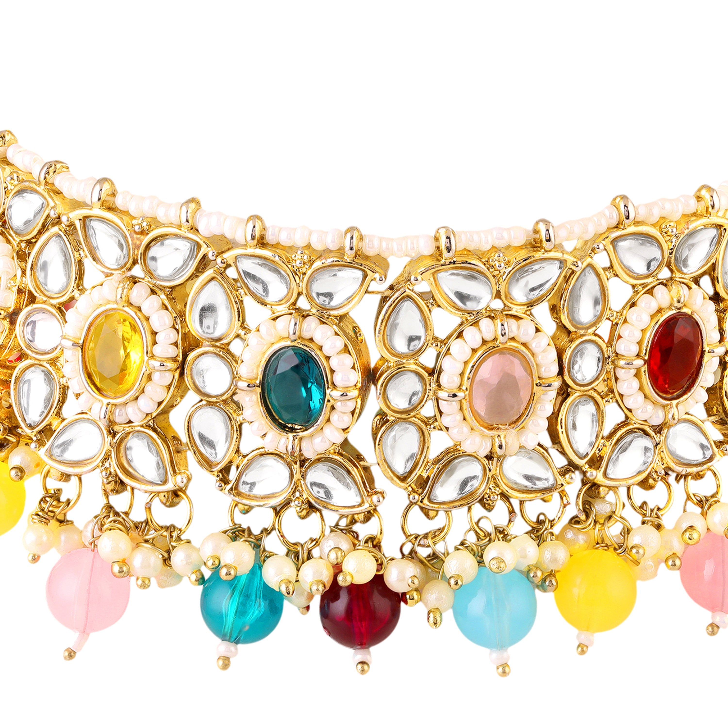 Mahi Traditional Kundan Choker Necklace Set for Women | Bridal Jewellery with Multicolor Beads | Wedding Choker Necklace with Earrings & Maang Tikka Jewellery Set (NL1108142GMul)