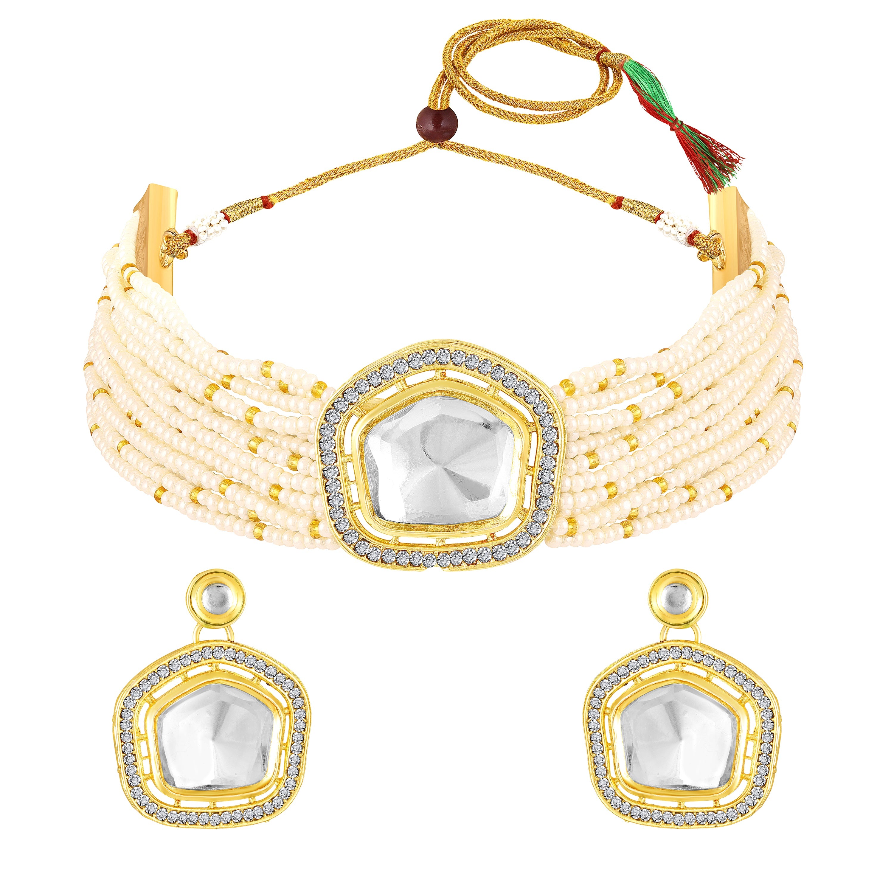 Mahi Traditional Kundan Choker Necklace Set for Women | Artificial Pearl Beaded Gold-Plated Jewelry with Earrings | Wedding & Festive Wear (NL1108143GWhi)