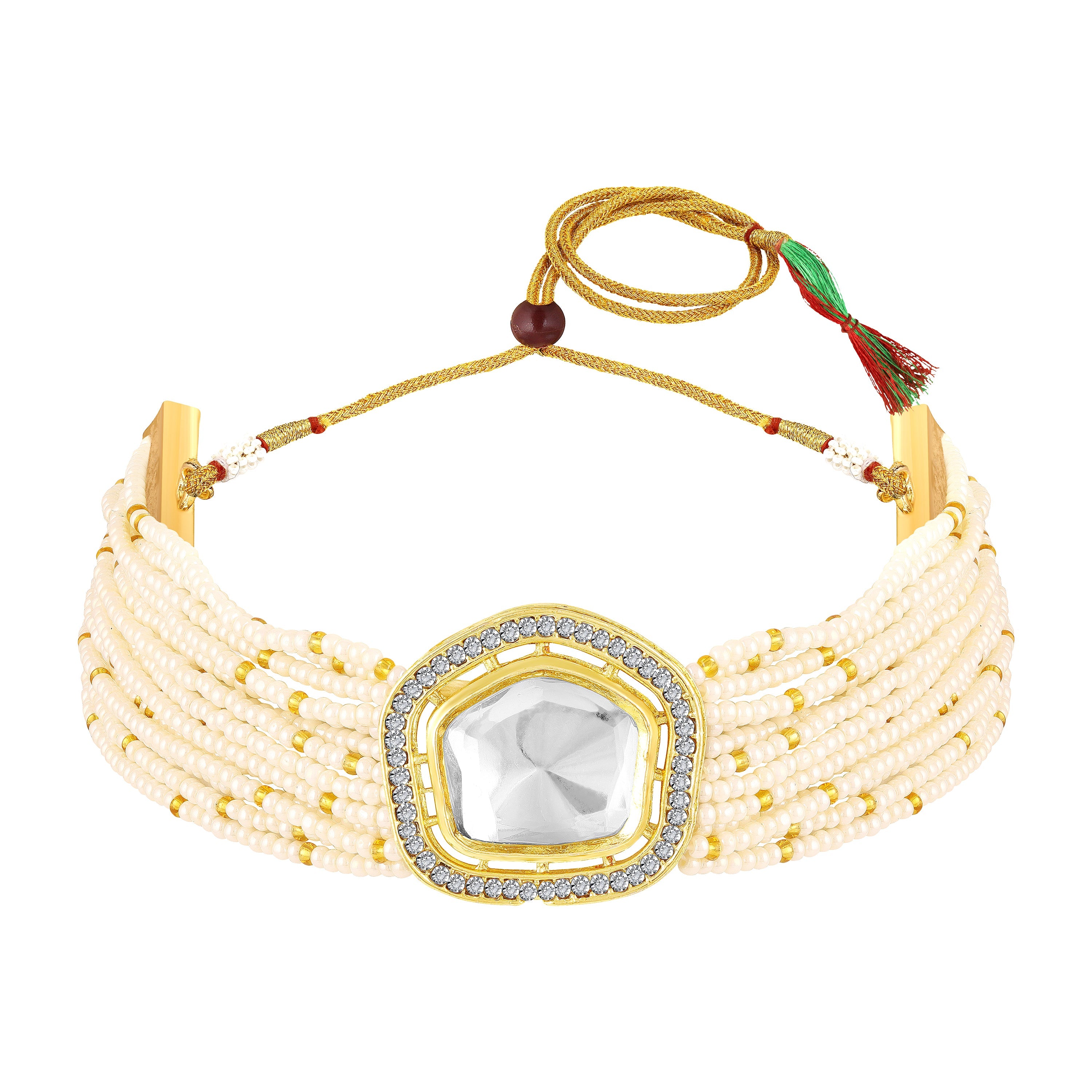 Mahi Traditional Kundan Choker Necklace Set for Women | Artificial Pearl Beaded Gold-Plated Jewelry with Earrings | Wedding & Festive Wear (NL1108143GWhi)