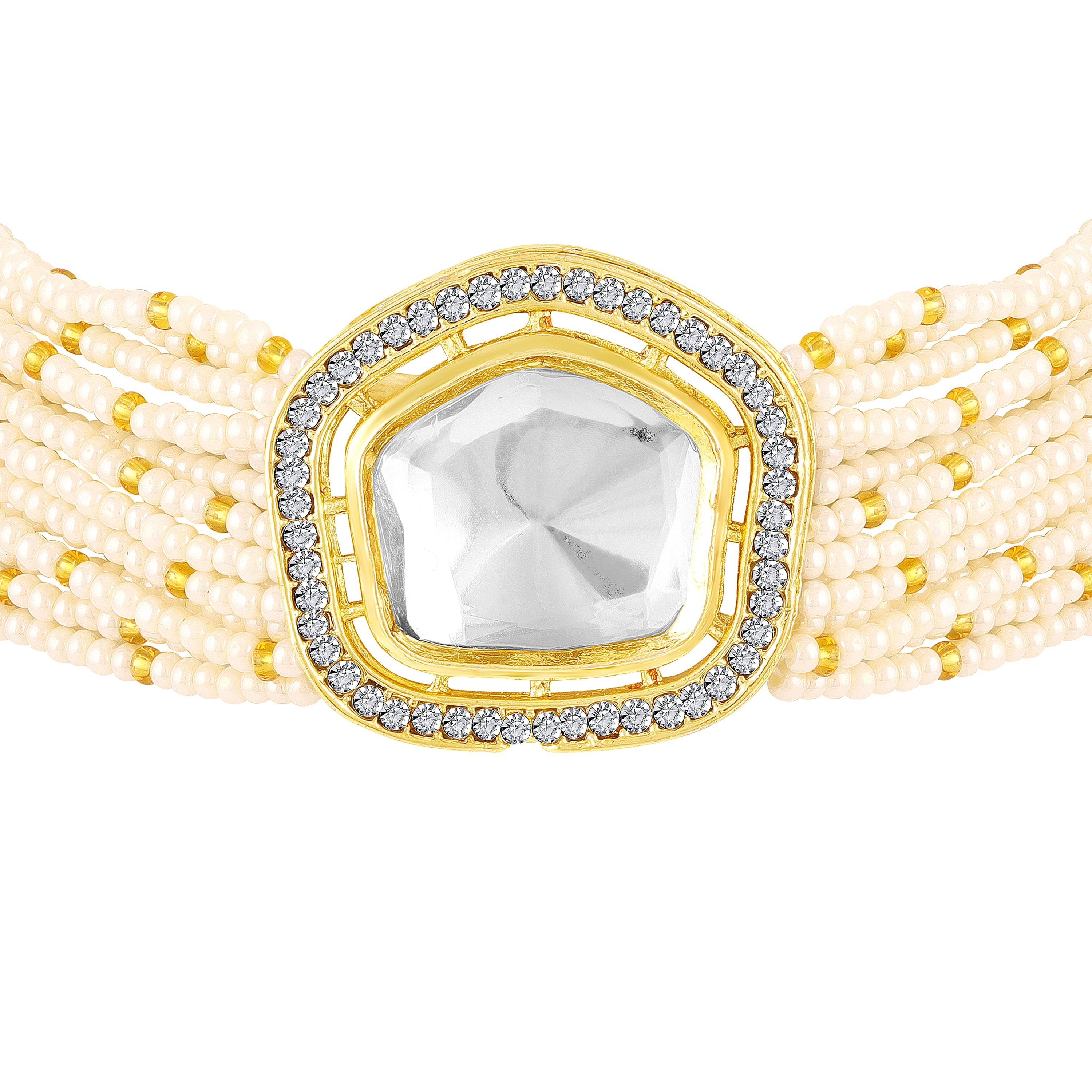 Mahi Traditional Kundan Choker Necklace Set for Women | Artificial Pearl Beaded Gold-Plated Jewelry with Earrings | Wedding & Festive Wear (NL1108143GWhi)