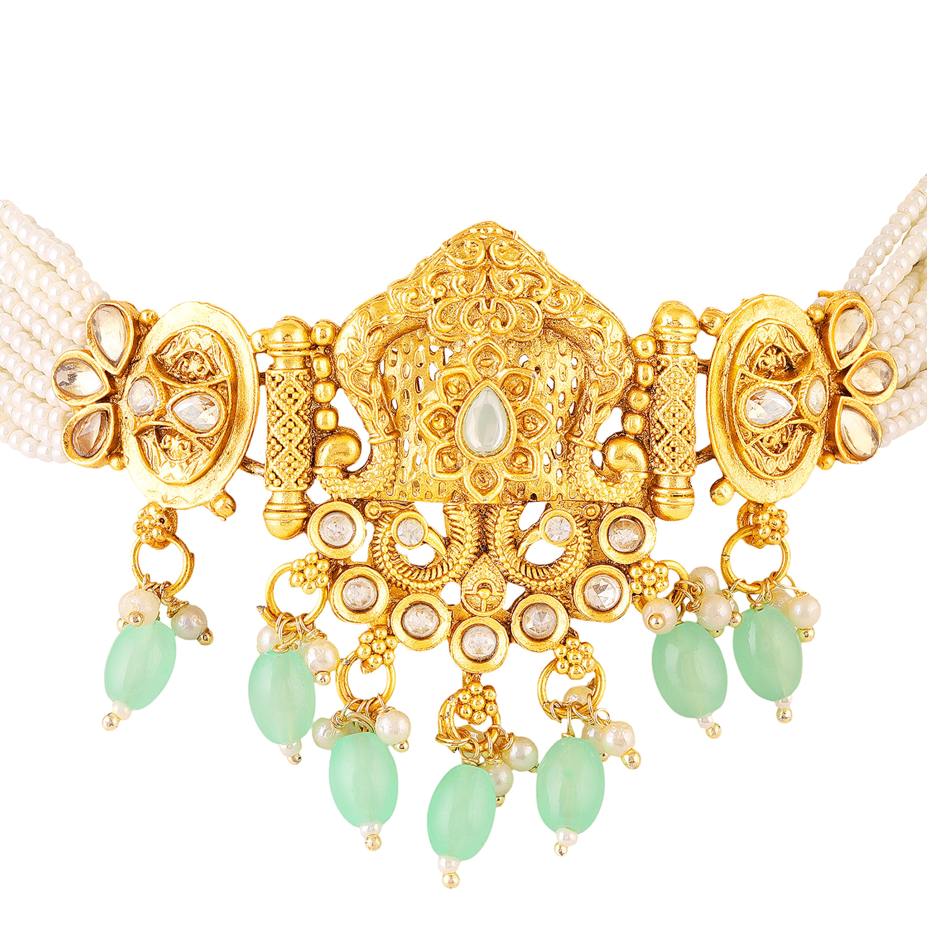 Mahi Traditional Gold Plated Choker Necklace Set with Earrings for Women | Kundan & Bead Work Temple Jewellery | Bridal & Festive Wear (NL1108144G)