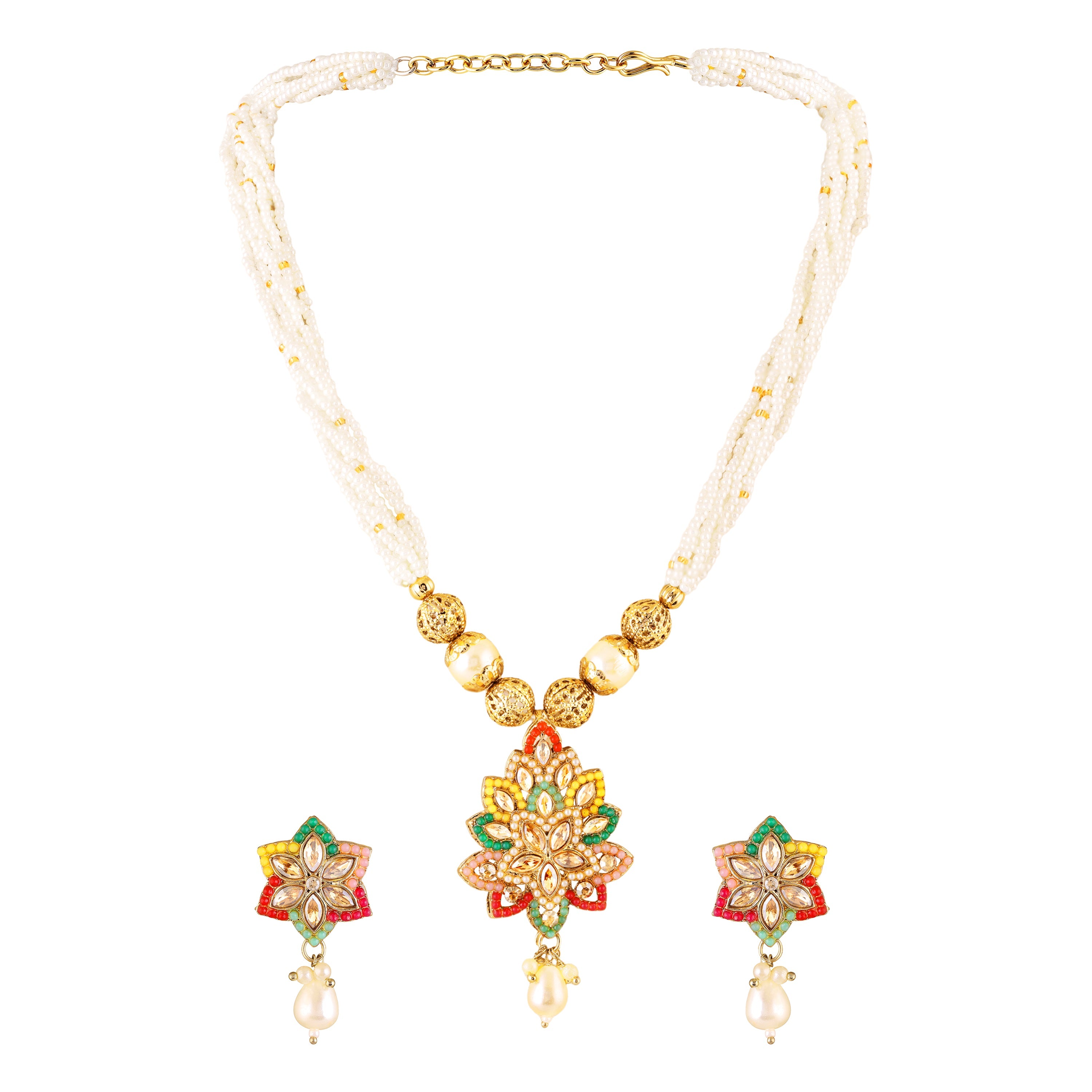 Mahi Traditional Multicolor Kundan & Artificial Pearl Beaded Floral Necklace Set with Earrings for Women & Girls | Ethnic Jewellery Set for Wedding & Festive Wear (NL1108145GMul)