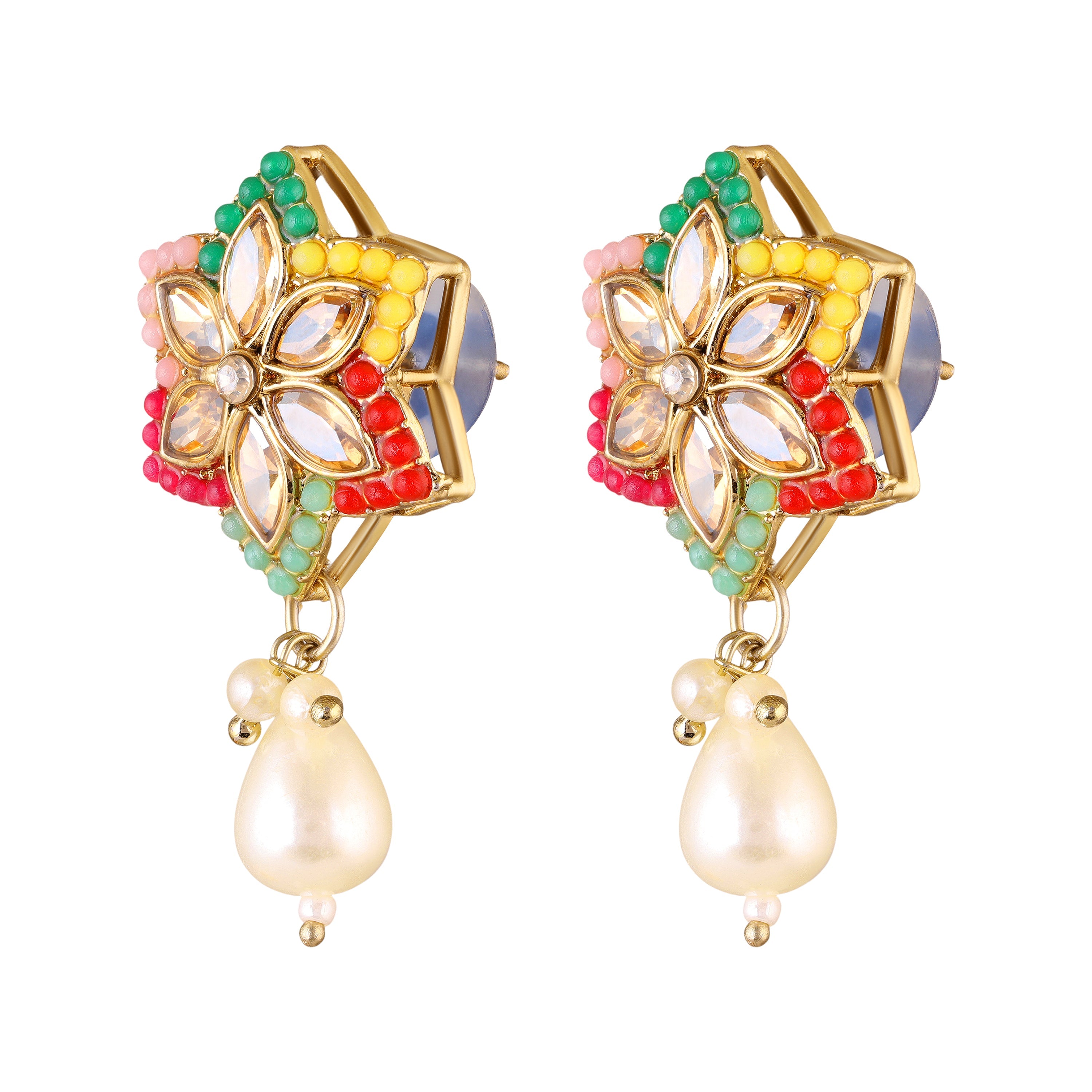 Mahi Traditional Multicolor Kundan & Artificial Pearl Beaded Floral Necklace Set with Earrings for Women & Girls | Ethnic Jewellery Set for Wedding & Festive Wear (NL1108145GMul)