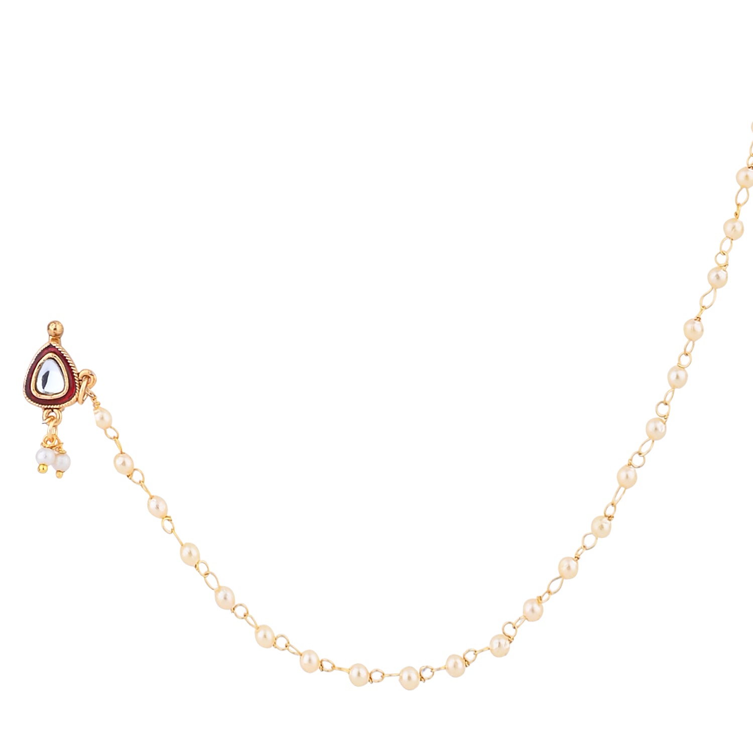 Etnico Gold Plated Traditional Bridal Nose Ring/Nath Without Piercing with Pearl Chain Encased with Pearl Stone for Women (NL111M)