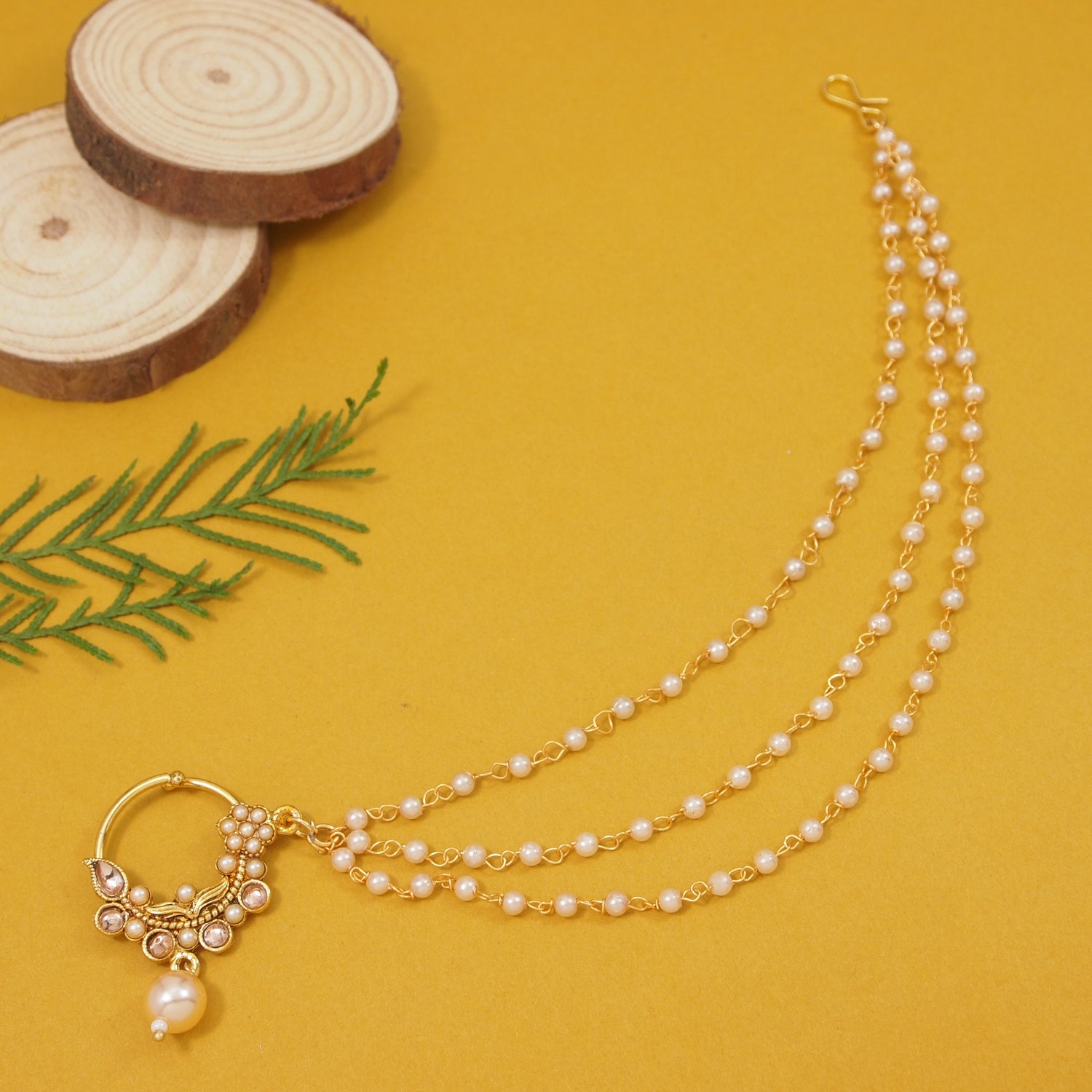 Etnico Gold Plated Traditional Bridal Nath/Nose Ring Without Piercing with Pearl Chain & Stone for Women (Gold)