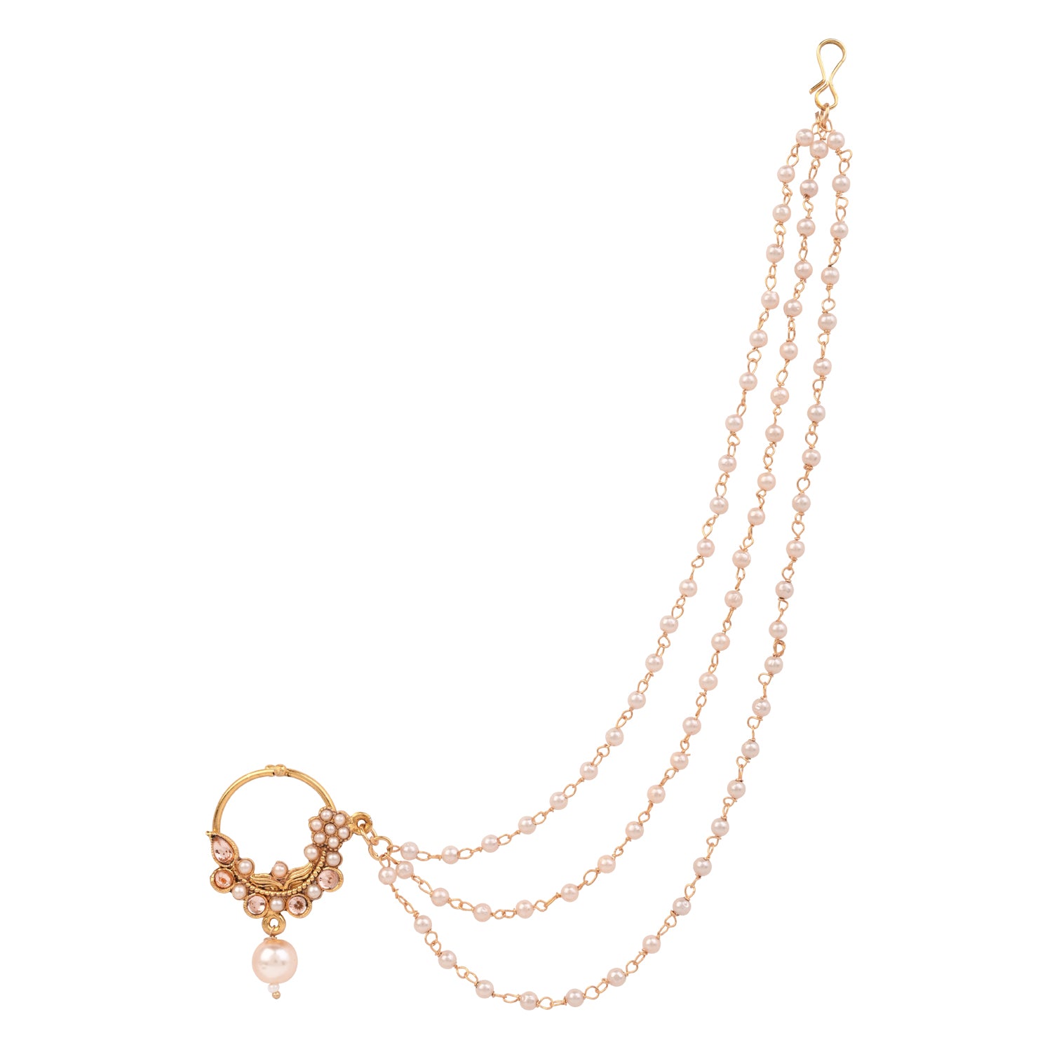 Etnico Gold Plated Traditional Bridal Nath/Nose Ring Without Piercing with Pearl Chain & Stone for Women (Gold)