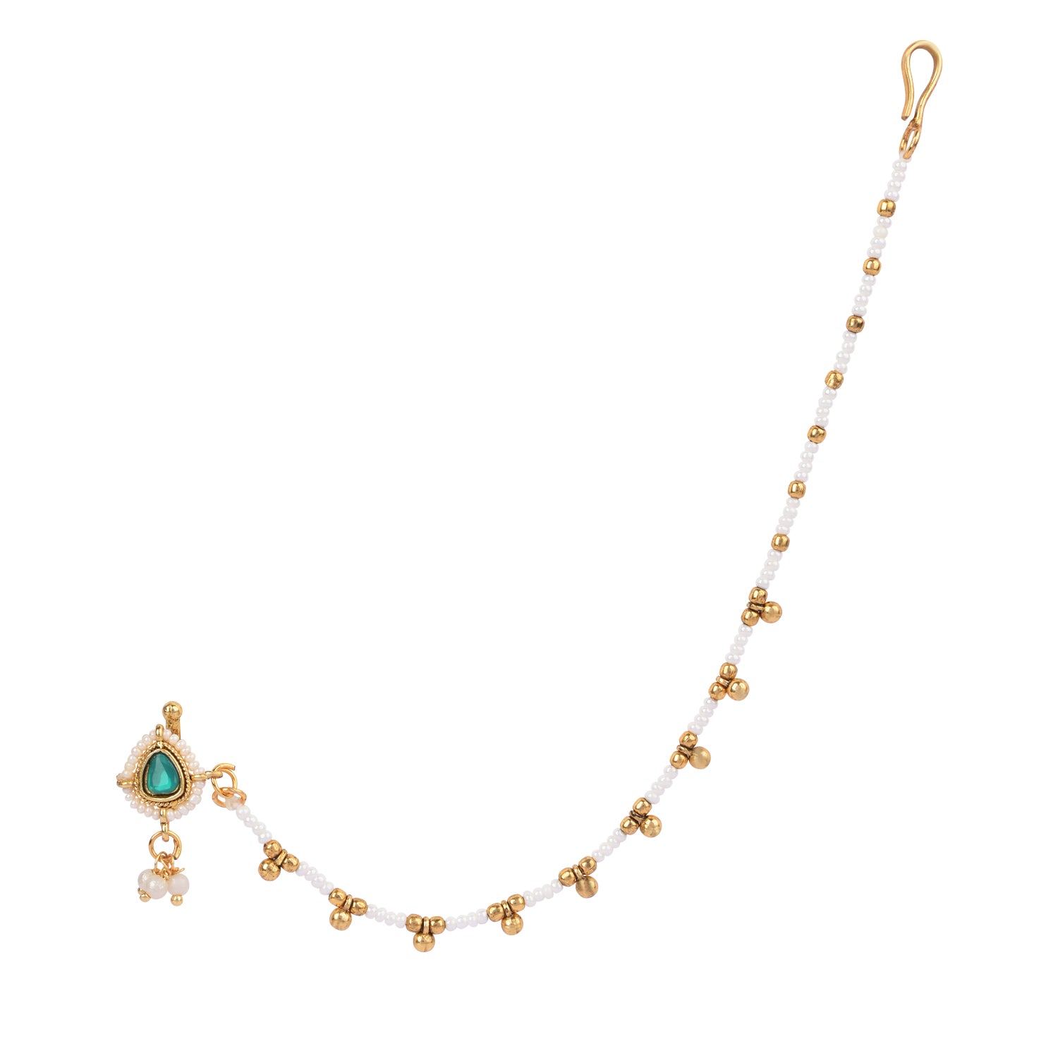 Etnico Gold Plated Traditional Ethnic Bridal Nose Ring/Nath Without Piercing with Chain Encased with Stone for Women (Green)
