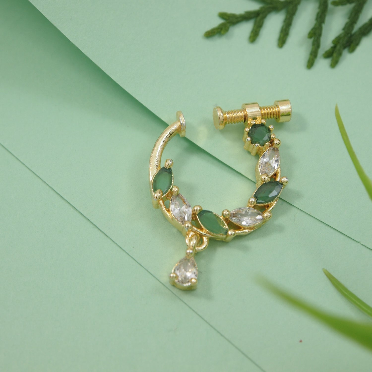 Etnico Gold Plated Traditional Ethnic Nose Ring/Nath Without Piercing Encased with Stones for Women (NL188G)