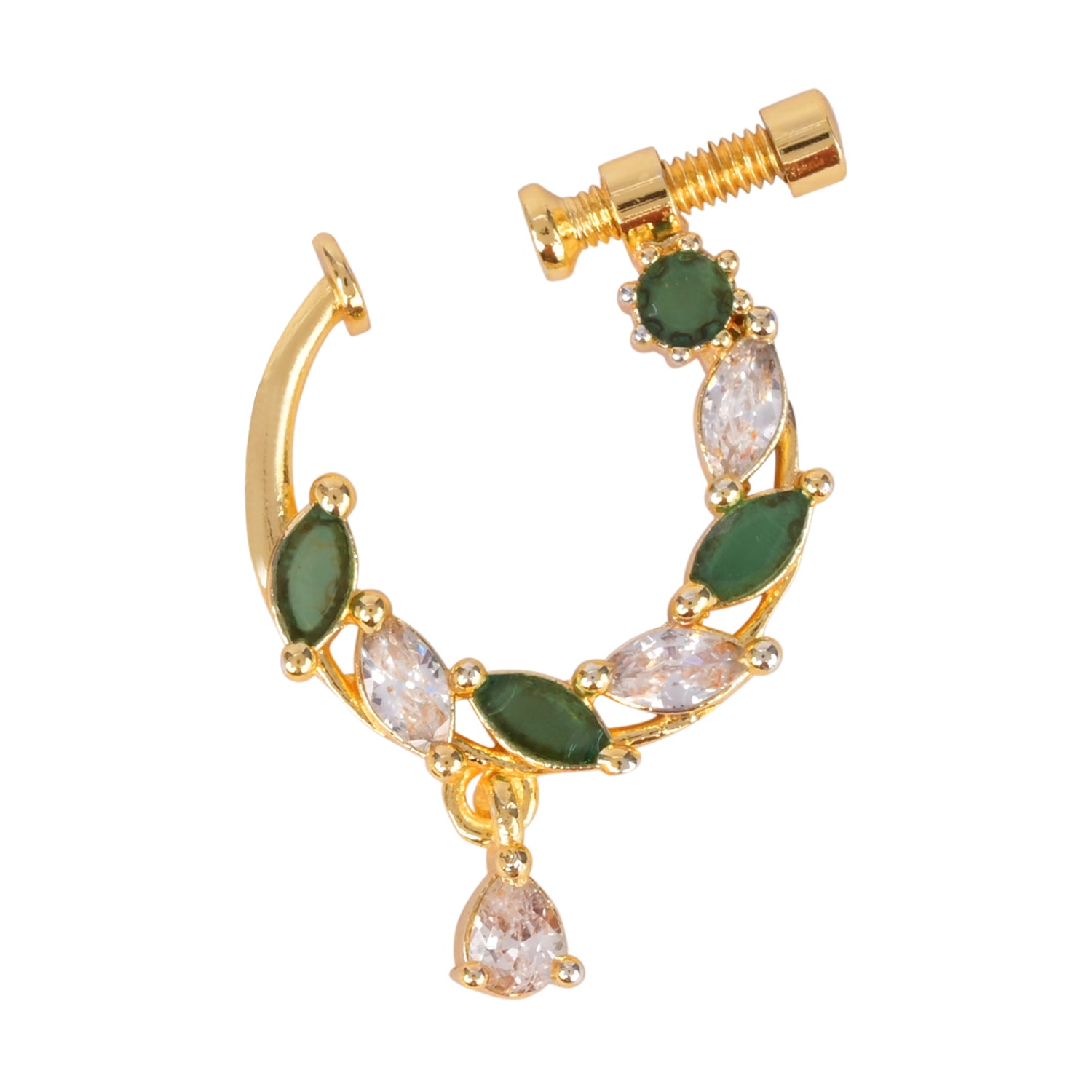 Etnico Gold Plated Traditional Ethnic Nose Ring/Nath Without Piercing Encased with Stones for Women (NL188G)