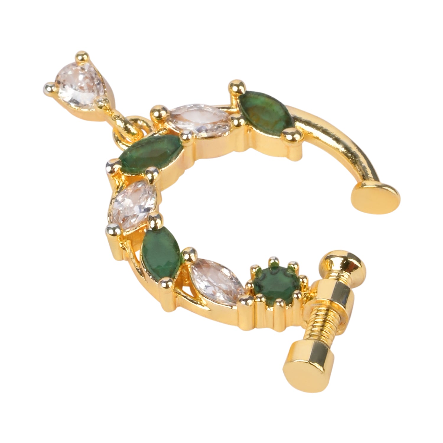 Etnico Gold Plated Traditional Ethnic Nose Ring/Nath Without Piercing Encased with Stones for Women (NL188G)