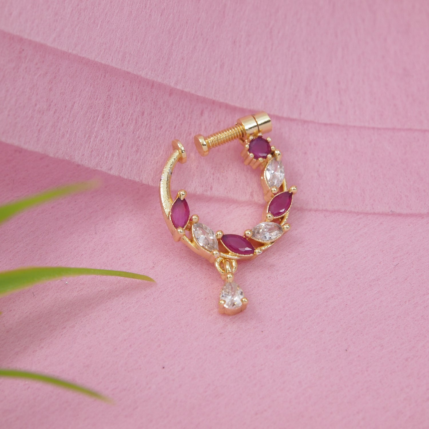 Etnico Gold Plated Traditional Ethnic Nose Ring/Nath Without Piercing Encased with Stones for Women (dark Pink)