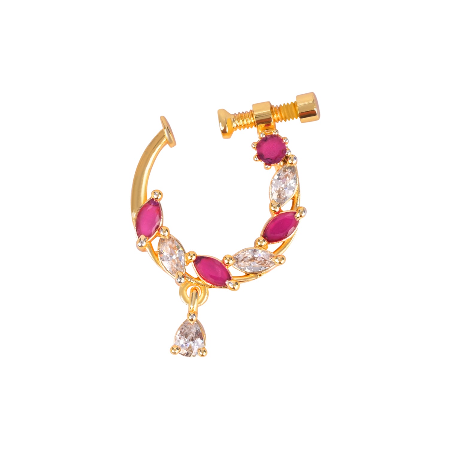 Etnico Gold Plated Traditional Ethnic Nose Ring/Nath Without Piercing Encased with Stones for Women (dark Pink)