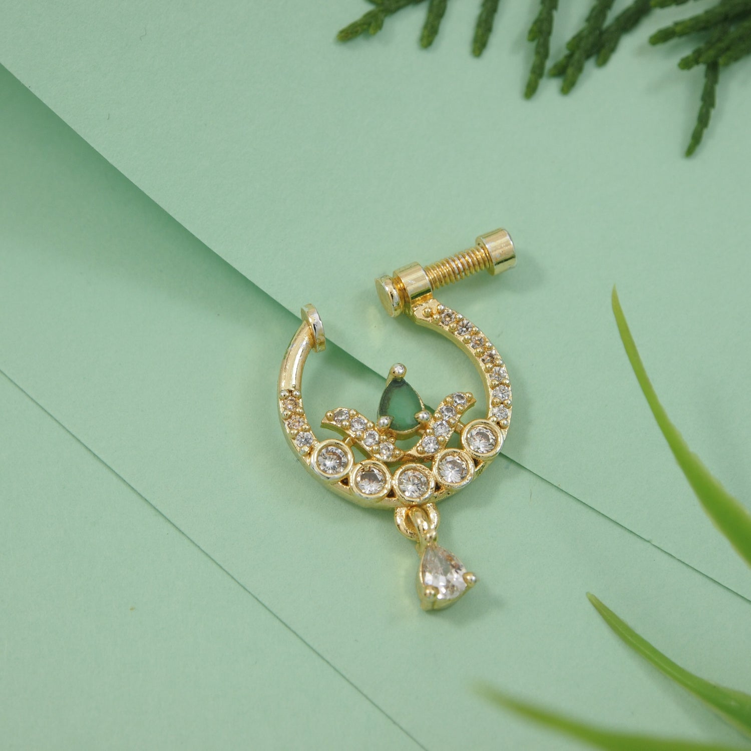 Etnico Gold Plated Traditional Ethnic Nose Ring/Nath Without Piercing Encased with Stones for Women (Green)