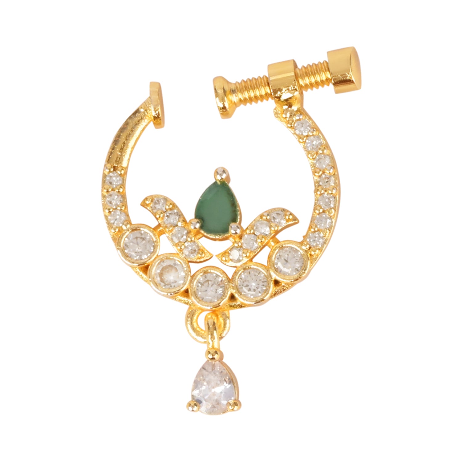 Etnico Gold Plated Traditional Ethnic Nose Ring/Nath Without Piercing Encased with Stones for Women (Green)