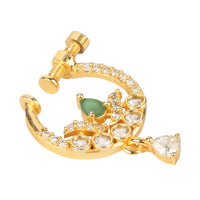 Etnico Gold Plated Traditional Ethnic Nose Ring/Nath Without Piercing Encased with Stones for Women (Green)