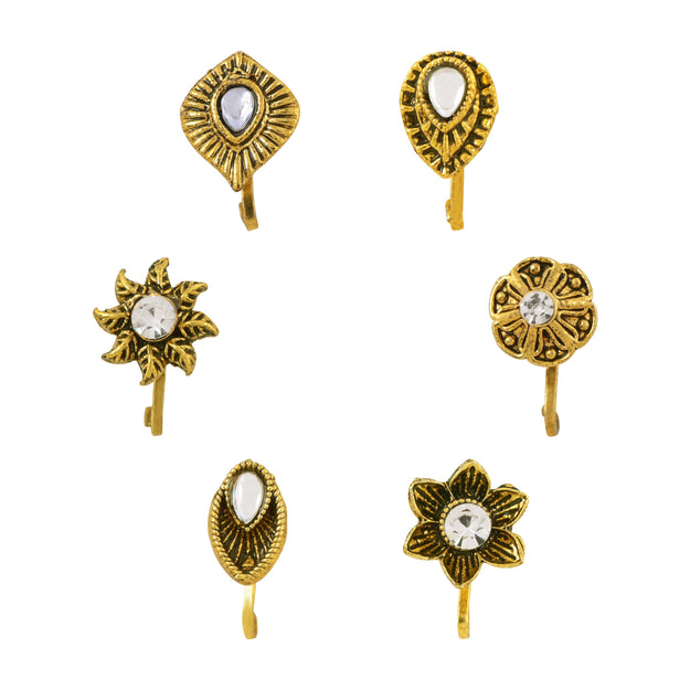 Etnico Gold Plated Traditional Ethnic Set of 6 Nose Pins Without Piercing Encased with Stones for Women (NL191FL-CO)