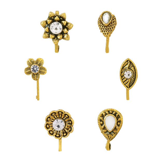 Etnico Gold Plated Traditional Ethnic Set of 6 Nose Pins Without Piercing Encased with Stones for Women (Style)