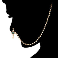 Etnico 18k Gold Plated Traditional Ethnic Bridal Nose Ring/Nath without piercing with Pearl Chain Encased with Pearl Stone for Women/Girls (NL35G)