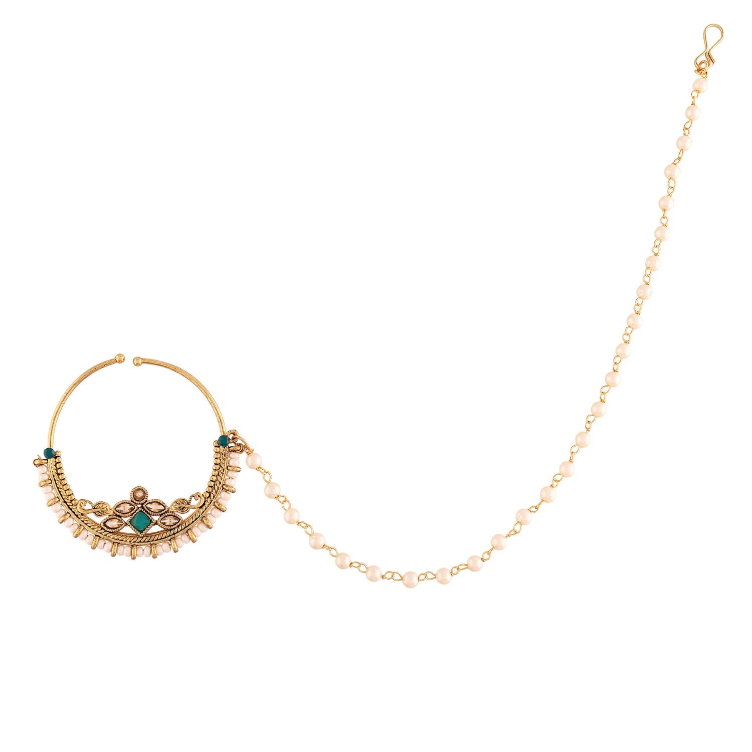 Etnico 18k Gold Plated Traditional Ethnic Bridal Nose Ring/Nath without piercing with Pearl Chain Encased with Pearl Stone for Women (NL38G)