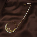 Etnico 18k Gold Plated Traditional Ethnic Bridal Nose Ring/Nath without piercing with Pearl Chain Encased with Pearl Stone for Women/Girls (NL38Q)