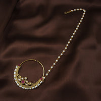 Etnico 18k Gold Plated Traditional Ethnic Bridal Nose Ring/Nath without piercing with Pearl Chain Encased with Pearl Stone for Women/Girls (NL38Q)