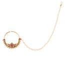 Etnico 18k Gold Plated Traditional Ethnic Bridal Nose Ring/Nath without piercing with Pearl Chain Encased with Pearl Stone for Women/Girls (NL38Q)