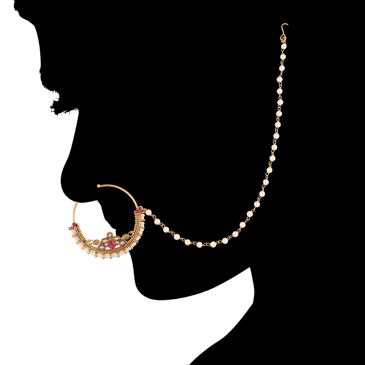 Etnico 18k Gold Plated Traditional Ethnic Bridal Nose Ring/Nath without piercing with Pearl Chain Encased with Pearl Stone for Women/Girls (NL38Q)
