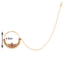 Etnico 18k Gold Plated Traditional Ethnic Bridal Nose Ring/Nath without piercing with Pearl Chain Encased with Pearl Stone for Women/Girls (NL38Q)