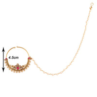 Etnico 18k Gold Plated Traditional Ethnic Bridal Nose Ring/Nath without piercing with Pearl Chain Encased with Pearl Stone for Women/Girls (NL38Q)
