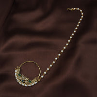Etnico 18k Gold Plated Traditional Ethnic Bridal Nose Ring/Nath without piercing with Pearl Chain Encased with Pearl Stone for Women/Girls (NL41G)