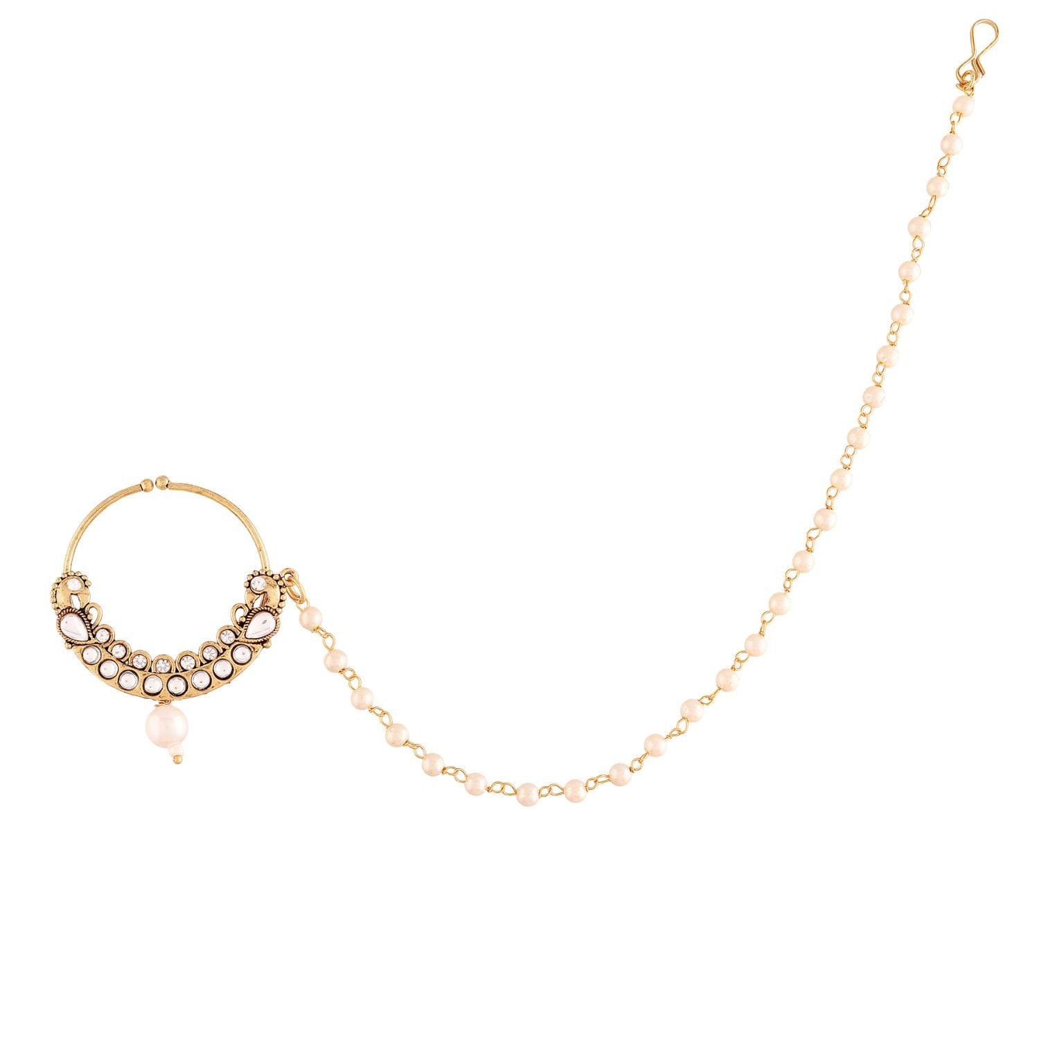 Etnico Gold Plated Traditional Ethnic Bridal Nose Ring/Nath without piercing with Pearl Chain Encased with Pearl Stone for Women/Girls (NL42W)