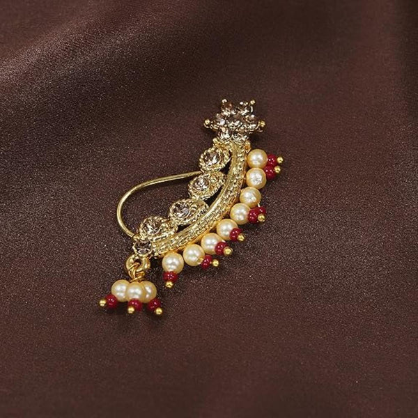 Etnico 18k Gold Plated Traditional Ethnic Bridal Maharashtrian Nose Ring/Nath without piercing Encased with Pearl Stone for Women/Girls (NL45M)