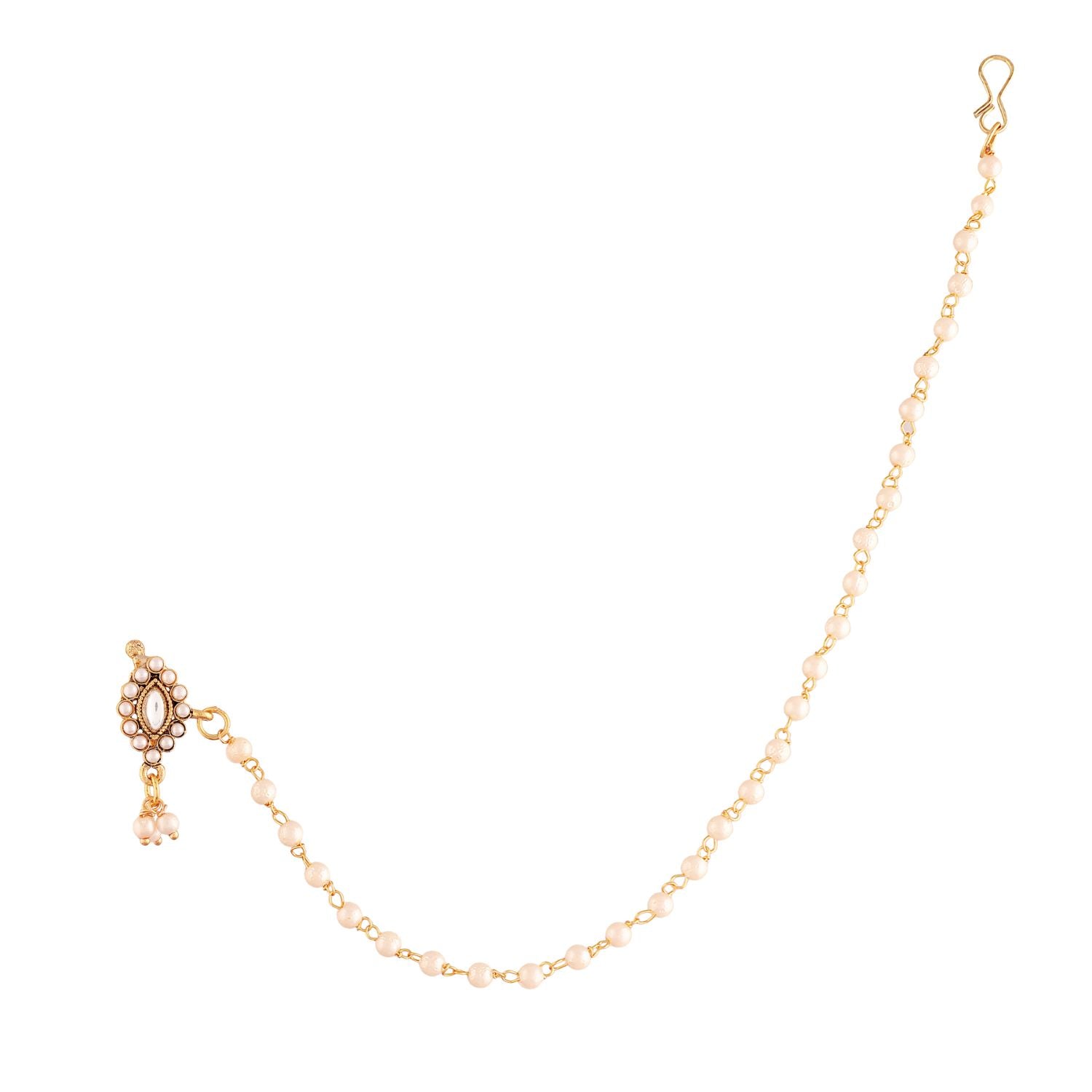 Etnico 18k Gold Plated Traditional Ethnic Bridal Nose Ring/Nath without piercing with Pearl Chain Encased with Pearl Stone for Women/Girls (NL48W)
