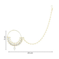 Etnico Gold Plated Traditional Ethnic Bridal Nose Ring/Nath Without Piercing with Pearl Chain Encased with Pearl Stone for Women/Girls (Style 2)