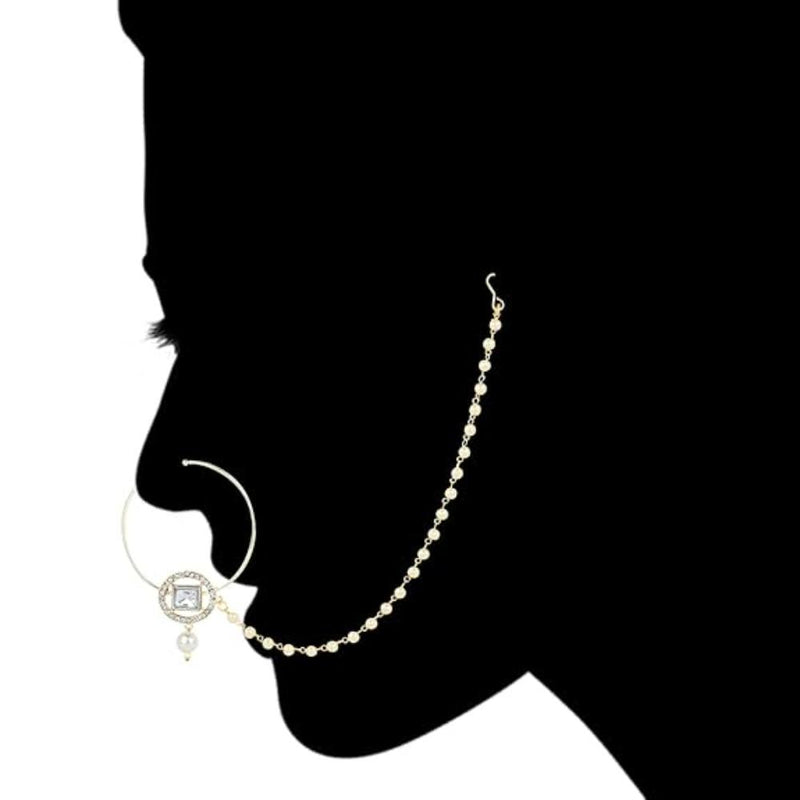 Etnico Gold Plated Traditional Ethnic Bridal Nose Ring/Nath Without Piercing with Pearl Chain Encased with Pearl Stone for Women/Girls (NL63W)