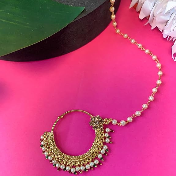 Etnico Gold Plated Traditional Ethnic Bridal Nose Ring/Nath Without Piercing with Pearl Chain Encased with Pearl Stone for Women/Girls (NL64FL)