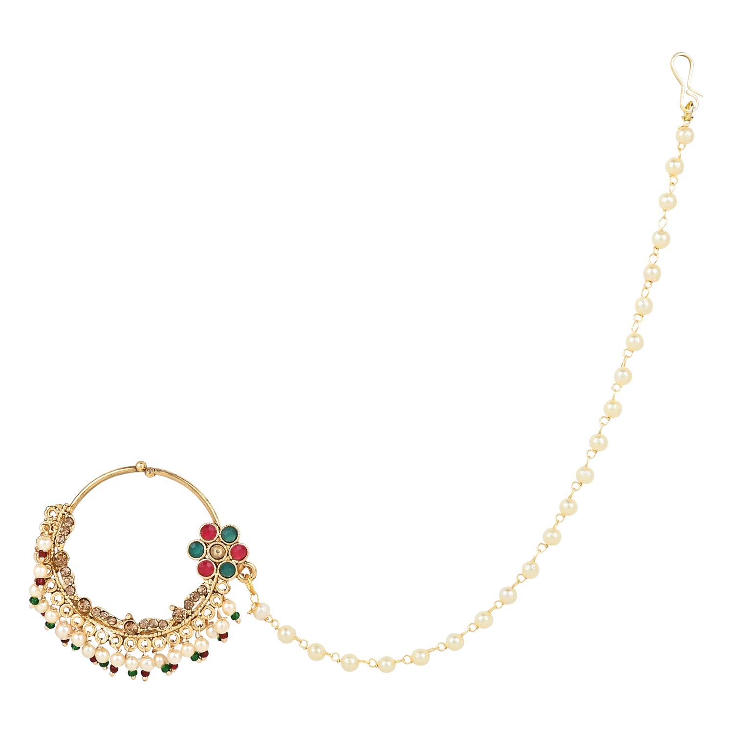 Etnico Gold Plated Traditional Ethnic Bridal Nose Ring/Nath Without Piercing with Pearl Chain Encased with Pearl Stone for Women/Girls (NL65MG)