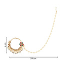 Etnico Gold Plated Traditional Ethnic Bridal Nose Ring/Nath Without Piercing with Pearl Chain Encased with Pearl Stone for Women/Girls (NL65MG)