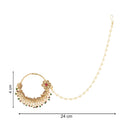 Etnico Gold Plated Traditional Ethnic Bridal Nose Ring/Nath Without Piercing with Pearl Chain Encased with Pearl Stone for Women/Girls (NL65M)
