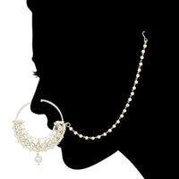 Etnico Gold Plated Traditional Ethnic Bridal Nose Ring/Nath Without Piercing with Pearl Chain Encased with Pearl Stone for Women/Girls (NL62-8) (Style 1)