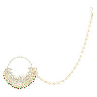 Etnico Gold Plated Traditional Ethnic Bridal Nose Ring/Nath Without Piercing with Pearl Chain Encased with Pearl Stone for Women/Girls (NL70W)